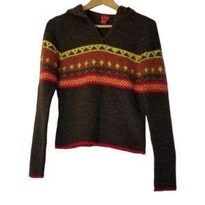 Tilt Brown Tribal Print Hooded Wool Pullover Long Sleeve Winter Sweater